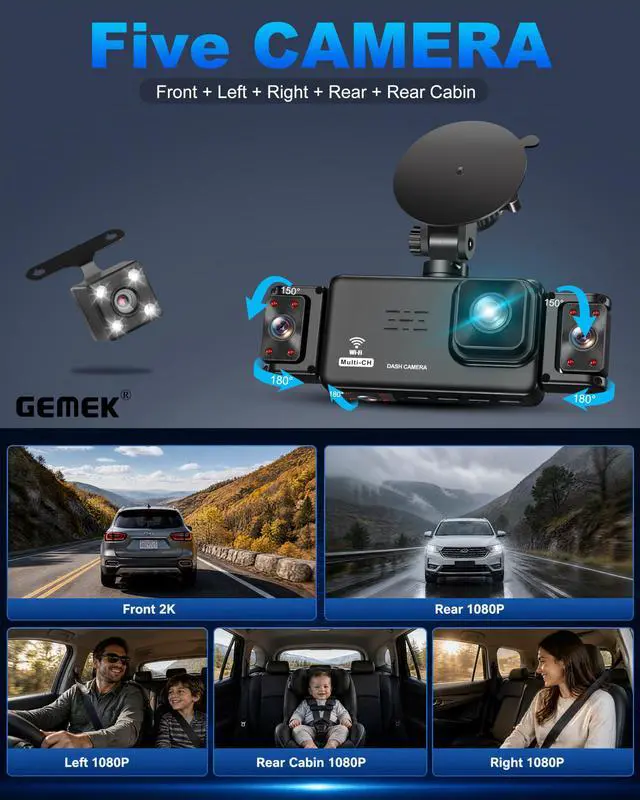 Alt view image 4 of 7 - 5 Channel Dash Cam 360° View 5G WiFi & APP Control, 2K Front and Rear Inside, Left Right Dash Camera for Cars Free 64GB TF Card, G-Sensor, Night Vision, 24H Parking Mode