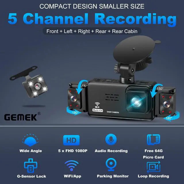 Alt view image 3 of 7 - 5 Channel Dash Cam 360° View 5G WiFi & APP Control, 2K Front and Rear Inside, Left Right Dash Camera for Cars Free 64GB TF Card, G-Sensor, Night Vision, 24H Parking Mode