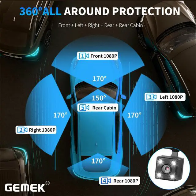 Alt view image 6 of 7 - 5 Channel Dash Cam 360° View 5G WiFi & APP Control, 2K Front and Rear Inside, Left Right Dash Camera for Cars Free 64GB TF Card, G-Sensor, Night Vision, 24H Parking Mode
