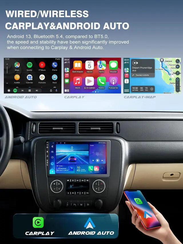 Alt view image 4 of 7 - 5G WiFi(6) Car Radio for GMC Yukon Chevrolet Chevy Silverado 2007-2013 Tahoe Sierra Android13/Wireless CarPlay/Android Auto/Touch Screen/GPS Navigation/Bluetooth/FM/HD Backup Camera (Black(2+64))