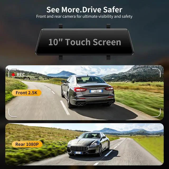 Alt view image 3 of 7 - C810 CarPlay Mirror Dash Cam Front and Rear - 2.5K Rear View Mirror Camera, HDR Night Vision, FM/Wireless Audio, DIY 10-Min Install, Extreme Temp Resistant for Snowbelt & Vintage Cars