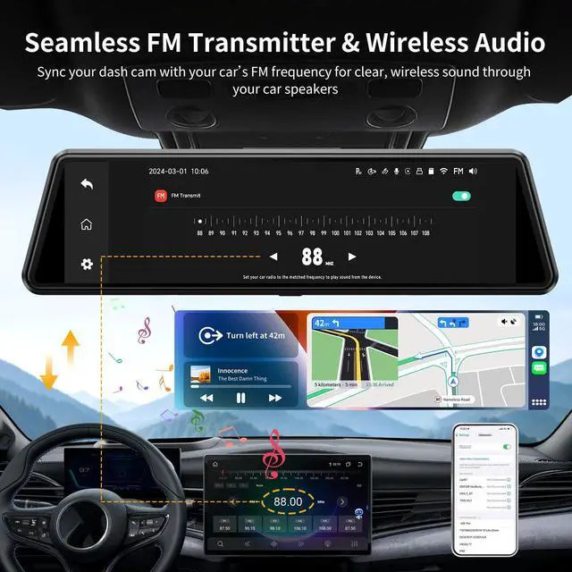 Alt view image 6 of 7 - C810 CarPlay Mirror Dash Cam Front and Rear - 2.5K Rear View Mirror Camera, HDR Night Vision, FM/Wireless Audio, DIY 10-Min Install, Extreme Temp Resistant for Snowbelt & Vintage Cars