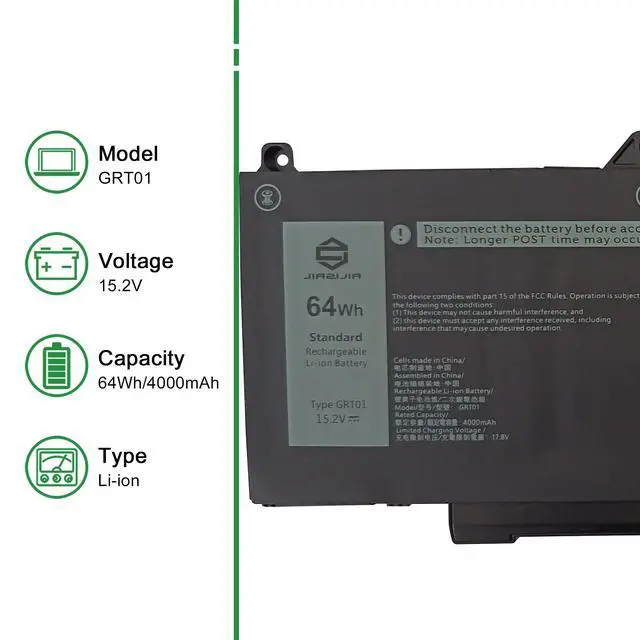 Alt view image 2 of 6 - GRT01 Laptop Battery Replacement for Dell Latitude 5421 5431 5521 5531 Precision 3470 3561 3571 3581 3591 Series Notebook 00P3TJ 0P3TJ 0R05P0 R05P0 Black 15.2V 64Wh 4000mAh