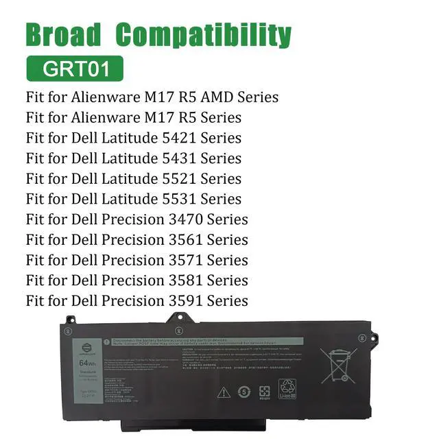 Alt view image 5 of 6 - GRT01 Laptop Battery Replacement for Dell Latitude 5421 5431 5521 5531 Precision 3470 3561 3571 3581 3591 Series Notebook 00P3TJ 0P3TJ 0R05P0 R05P0 Black 15.2V 64Wh 4000mAh