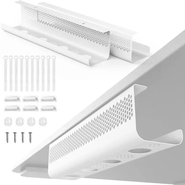 Main image of Cable Management Under Desk 26PCS - Cable Management Tray Kit Ventilated Hexagonal Design with Cable Clips, Wire Ties, Cord Holder & Screws for Office, Home - 2 White Sets