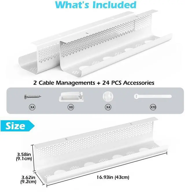 Alt view image 4 of 7 - Cable Management Under Desk 26PCS - Cable Management Tray Kit Ventilated Hexagonal Design with Cable Clips, Wire Ties, Cord Holder & Screws for Office, Home - 2 White Sets