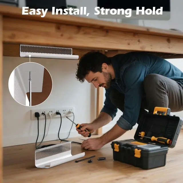 Alt view image 5 of 7 - Cable Management Under Desk 26PCS - Cable Management Tray Kit Ventilated Hexagonal Design with Cable Clips, Wire Ties, Cord Holder & Screws for Office, Home - 2 White Sets