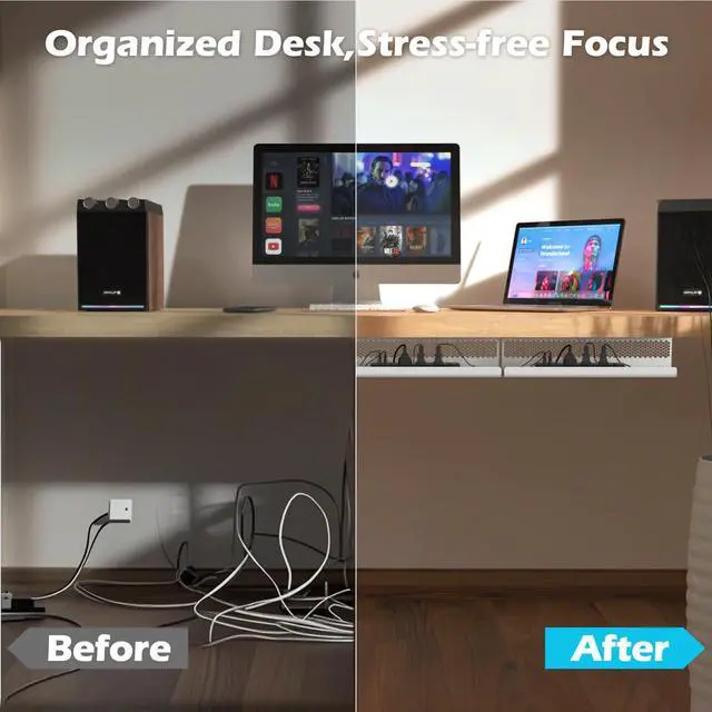 Alt view image 6 of 7 - Cable Management Under Desk 26PCS - Cable Management Tray Kit Ventilated Hexagonal Design with Cable Clips, Wire Ties, Cord Holder & Screws for Office, Home - 2 White Sets