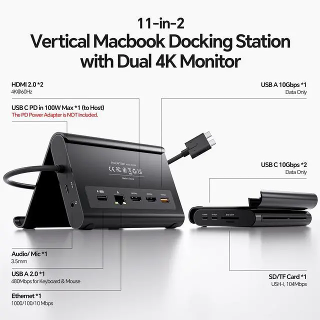 Alt view image 2 of 7 - MacBook Docking Station Dual Monitor 4K@60Hz for MacBook Pro/Air M4/M5 | Macbook Pro Stand USB C Dock with 2 HDMI, Gigabit Ethernet, 3 USB 10Gbps, SD/TF, Audio, PD for Home & office, Black