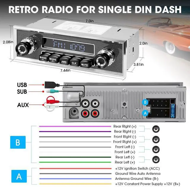 Alt view image 6 of 6 - Retro Bluetooth Car Radio Receiver: Single Din Vintage Stereo for Retro Car | AM FM USB AUX Preset EQ Subwoofer Output 300W