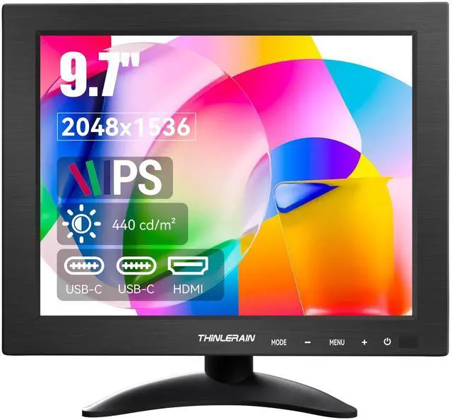 Main image of 9.7 Inch Small Monitor 2048x1536 IPS Display, 4:3 Second Screen, 440 Nit Brightness, Dual USB-C & HDMI, Built-in Speakers, VESA Mountable, External Monitor for Laptop PC Phone RasPi