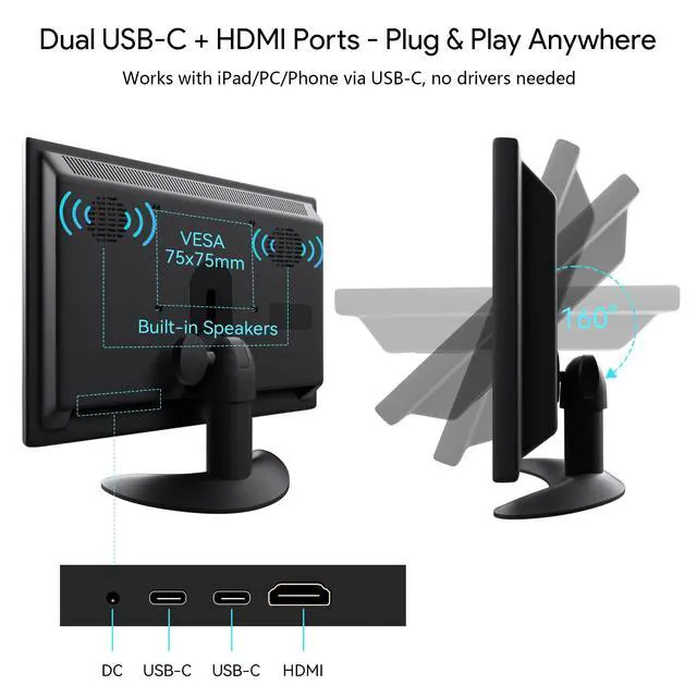 Alt view image 6 of 7 - 9.7 Inch Small Monitor 2048x1536 IPS Display, 4:3 Second Screen, 440 Nit Brightness, Dual USB-C & HDMI, Built-in Speakers, VESA Mountable, External Monitor for Laptop PC Phone RasPi