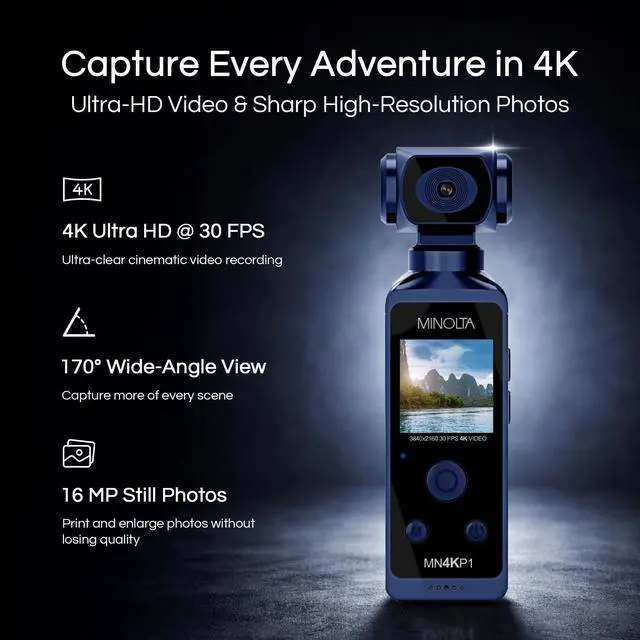 Alt view image 2 of 5 - MN4KP1 4K 16MP Waterproof Pocket Camcorder, WiFi Action Cam (Blue) | Includes a carrying case and neck strap for comfortable viewing and easy transport