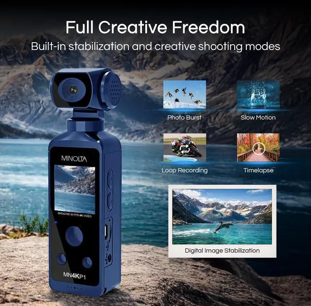 Alt view image 3 of 5 - MN4KP1 4K 16MP Waterproof Pocket Camcorder, WiFi Action Cam (Blue) | Includes a carrying case and neck strap for comfortable viewing and easy transport
