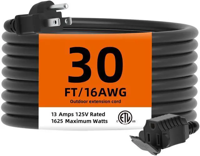 Main image of Indoor Outdoor Extension Cord Waterproof, 30 Feet 3 Prong Power Cord for Home and Garden, 16 AWG, 13A/1625W, ETL Listed (30 FT)