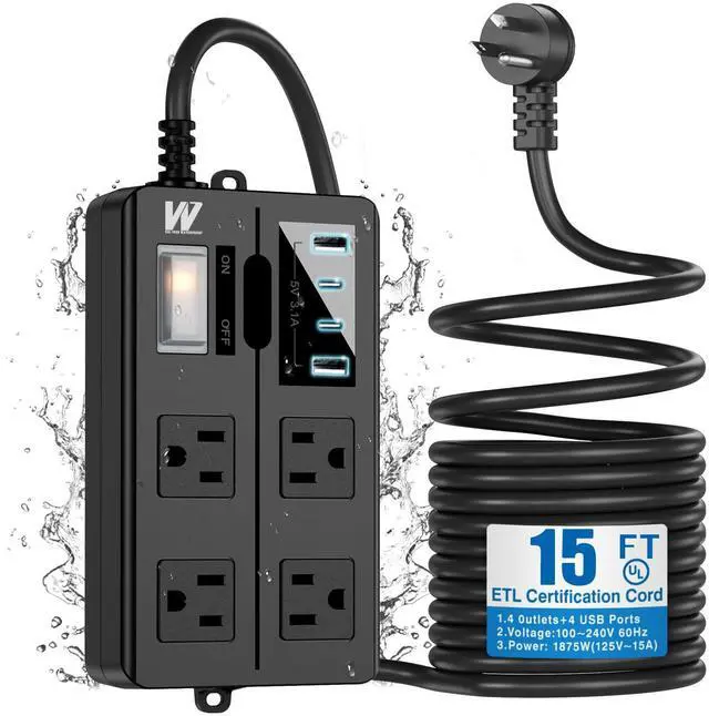 Main image of 15FT Outdoor Waterproof Power Strip Overload Protector with 4AC Outlets 4USB Ports (2A 2C) Power Switch Safety Lock, ETL Certified for Patio Garden Charging, Black