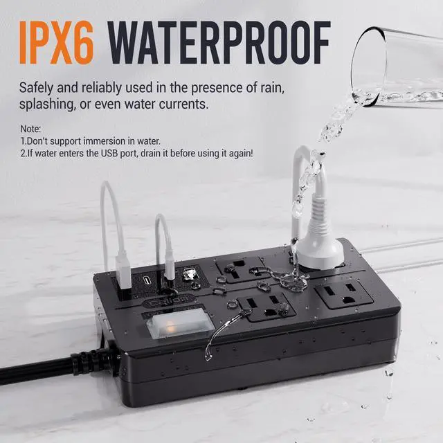 Alt view image 3 of 7 - 15FT Outdoor Waterproof Power Strip Overload Protector with 4AC Outlets 4USB Ports (2A 2C) Power Switch Safety Lock, ETL Certified for Patio Garden Charging, Black