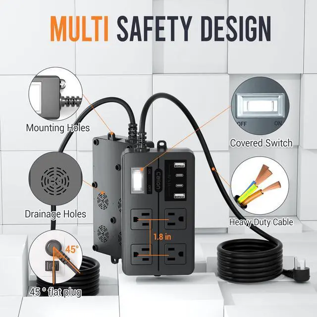 Alt view image 6 of 7 - 15FT Outdoor Waterproof Power Strip Overload Protector with 4AC Outlets 4USB Ports (2A 2C) Power Switch Safety Lock, ETL Certified for Patio Garden Charging, Black