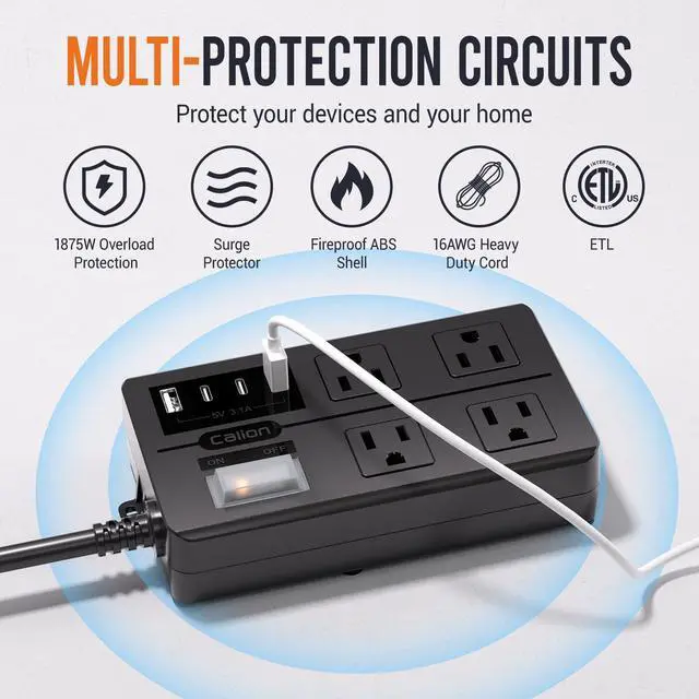 Alt view image 5 of 7 - 15FT Outdoor Waterproof Power Strip Overload Protector with 4AC Outlets 4USB Ports (2A 2C) Power Switch Safety Lock, ETL Certified for Patio Garden Charging, Black