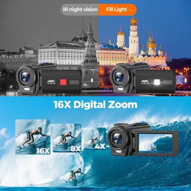 Alt view image 3 of 7 - 5K Video Camera Camcorder 48MP, IR Night Vision Cam Corder, 3.0" 270° Rotation Touch Screen, 16X Digital Zoom Vlogging Camera for YouTube Video Camcorder with Battery, 32GB SD Card & Remote Control