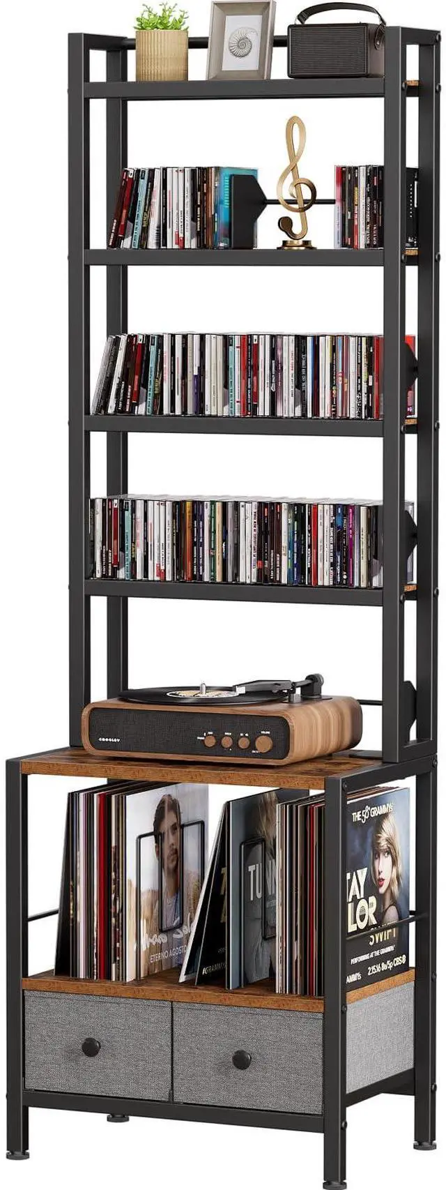 Main image of 6-Tier DVD Shelf, Vinyl Record Storage Rack with Drawers | Industrial CD Storage Rack, Fits CDs, Books, and Albums, Media Tower Bookshelf for Living Room, Theater, 63 in Tall