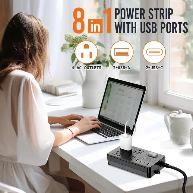 Alt view image 2 of 7 - 15FT Outdoor Waterproof Power Strip Overload Protector with 4AC Outlets 4USB Ports (2A 2C) Power Switch Safety Lock, ETL Certified for Patio Garden Charging, Black