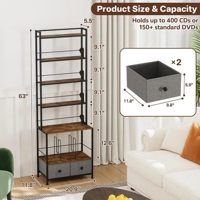 Alt view image 2 of 7 - 6-Tier DVD Shelf, Vinyl Record Storage Rack with Drawers | Industrial CD Storage Rack, Fits CDs, Books, and Albums, Media Tower Bookshelf for Living Room, Theater, 63 in Tall