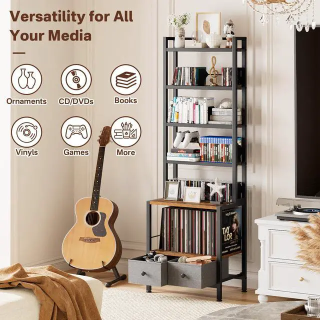 Alt view image 3 of 7 - 6-Tier DVD Shelf, Vinyl Record Storage Rack with Drawers | Industrial CD Storage Rack, Fits CDs, Books, and Albums, Media Tower Bookshelf for Living Room, Theater, 63 in Tall