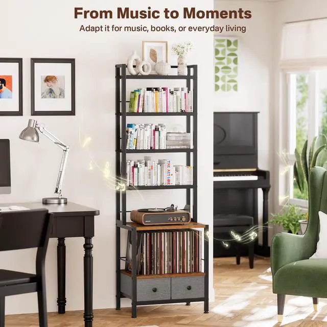 Alt view image 4 of 7 - 6-Tier DVD Shelf, Vinyl Record Storage Rack with Drawers | Industrial CD Storage Rack, Fits CDs, Books, and Albums, Media Tower Bookshelf for Living Room, Theater, 63 in Tall