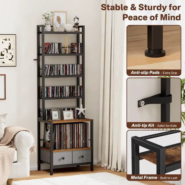 Alt view image 6 of 7 - 6-Tier DVD Shelf, Vinyl Record Storage Rack with Drawers | Industrial CD Storage Rack, Fits CDs, Books, and Albums, Media Tower Bookshelf for Living Room, Theater, 63 in Tall