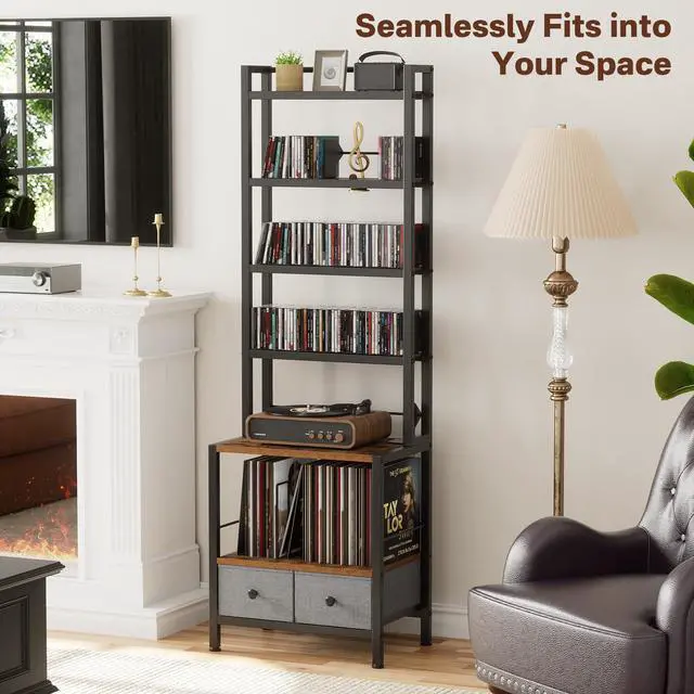 Alt view image 7 of 7 - 6-Tier DVD Shelf, Vinyl Record Storage Rack with Drawers | Industrial CD Storage Rack, Fits CDs, Books, and Albums, Media Tower Bookshelf for Living Room, Theater, 63 in Tall