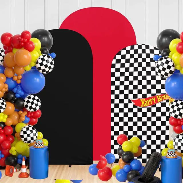 Alt view image 5 of 5 - Arch Backdrop Cover Set of 3 (4/5/6FT) Monster Truck Birthday Party Decorations Arch Cover Spandex Fitted Circle Car Racing Arch Backdrop Covers for Kid Boys Let's Go Racing Party Supplies
