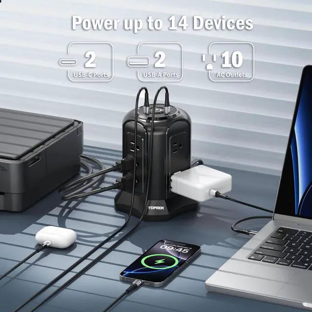 Alt view image 2 of 7 - Tower Power Strip Surge Protector 2100J 10 Outlets, 2 USB-C (20W PD), 2 USB-A, 6.5FT Flat Plug Extension Cord for Home Office, Dorm, Desktop