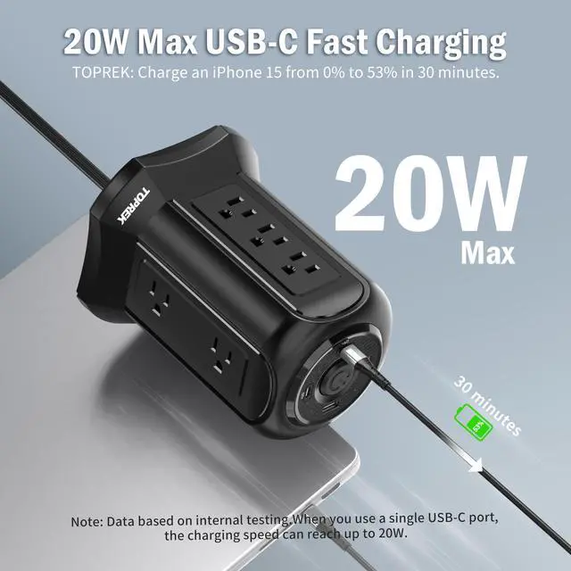 Alt view image 3 of 7 - Tower Power Strip Surge Protector 2100J 10 Outlets, 2 USB-C (20W PD), 2 USB-A, 6.5FT Flat Plug Extension Cord for Home Office, Dorm, Desktop