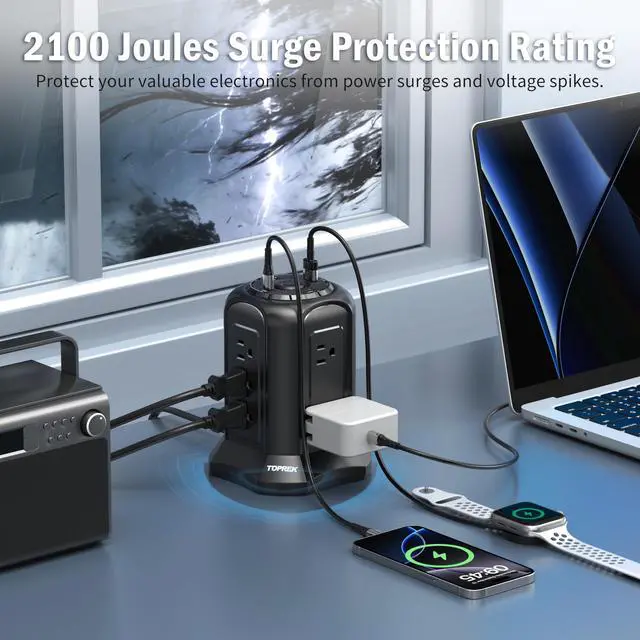 Alt view image 4 of 7 - Tower Power Strip Surge Protector 2100J 10 Outlets, 2 USB-C (20W PD), 2 USB-A, 6.5FT Flat Plug Extension Cord for Home Office, Dorm, Desktop