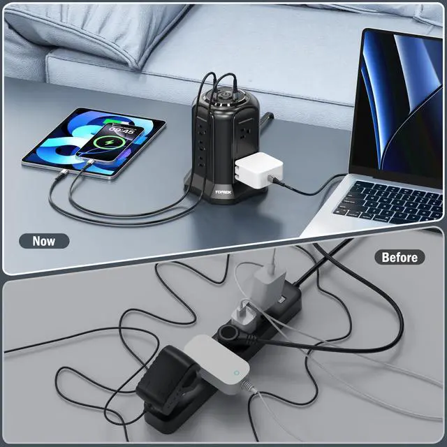 Alt view image 5 of 7 - Tower Power Strip Surge Protector 2100J 10 Outlets, 2 USB-C (20W PD), 2 USB-A, 6.5FT Flat Plug Extension Cord for Home Office, Dorm, Desktop