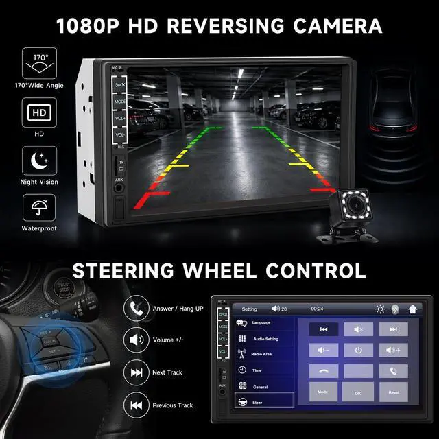 Alt view image 6 of 7 - 7" Car Stereo Double Din Radio with Bluetooth | 2 Din Touch Screen Car Radio with Backup Camera, Support Mirror Link, FM&EQ, SWC, Online GPS, USB/SD/AUX, Charging