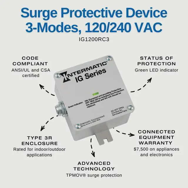 Alt view image 2 of 7 - IG1200RC3 Whole-House Surge Protective Device, 120/240 VAC | UL Listed with TPMOV Technology, Outdoor Rated Enclosure, and LED Indicators Showing Protection Status