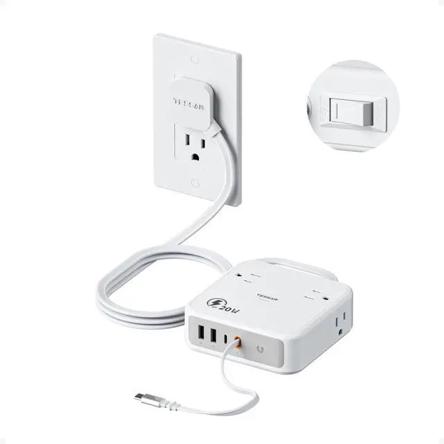 Main image of Surge Protector Extension Cord 5Ft, Flat Plug Power Strip | 4 Outlets 4 USB Ports(1 USB C) 20W USB C Cable, USB Charger 1050 Joules Protection, Suitable for Home Office Dorm, Grey