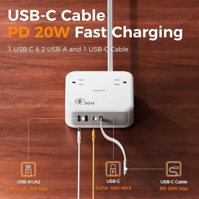 Alt view image 2 of 7 - Surge Protector Extension Cord 5Ft, Flat Plug Power Strip | 4 Outlets 4 USB Ports(1 USB C) 20W USB C Cable, USB Charger 1050 Joules Protection, Suitable for Home Office Dorm, Grey
