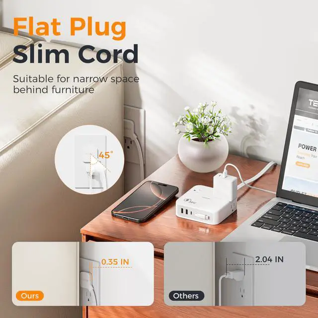 Alt view image 5 of 7 - Surge Protector Extension Cord 5Ft, Flat Plug Power Strip | 4 Outlets 4 USB Ports(1 USB C) 20W USB C Cable, USB Charger 1050 Joules Protection, Suitable for Home Office Dorm, Grey