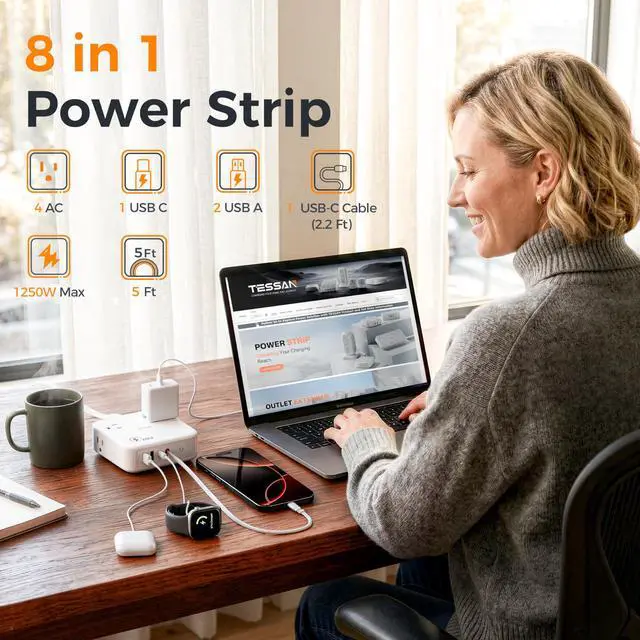 Alt view image 4 of 7 - Surge Protector Extension Cord 5Ft, Flat Plug Power Strip | 4 Outlets 4 USB Ports(1 USB C) 20W USB C Cable, USB Charger 1050 Joules Protection, Suitable for Home Office Dorm, Grey