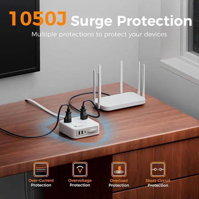 Alt view image 3 of 7 - Surge Protector Extension Cord 5Ft, Flat Plug Power Strip | 4 Outlets 4 USB Ports(1 USB C) 20W USB C Cable, USB Charger 1050 Joules Protection, Suitable for Home Office Dorm, Grey