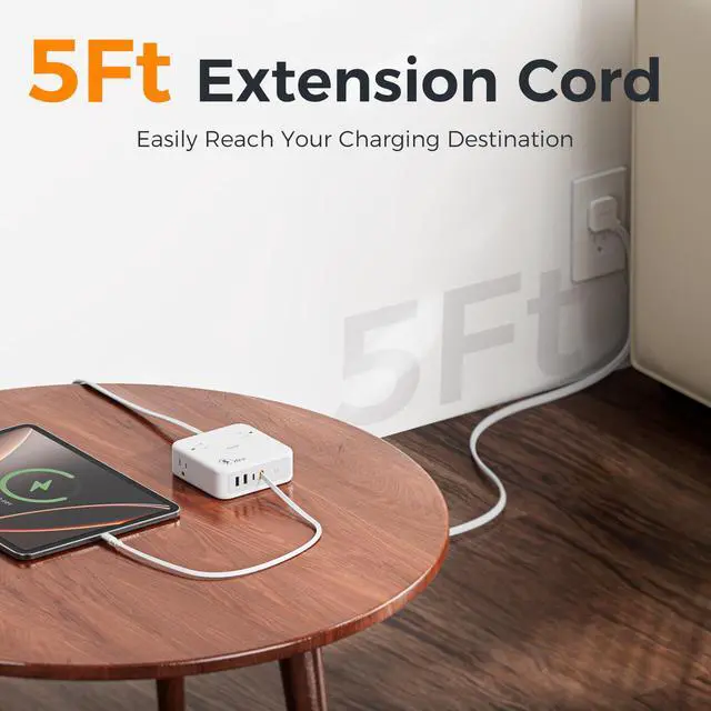 Alt view image 6 of 7 - Surge Protector Extension Cord 5Ft, Flat Plug Power Strip | 4 Outlets 4 USB Ports(1 USB C) 20W USB C Cable, USB Charger 1050 Joules Protection, Suitable for Home Office Dorm, Grey