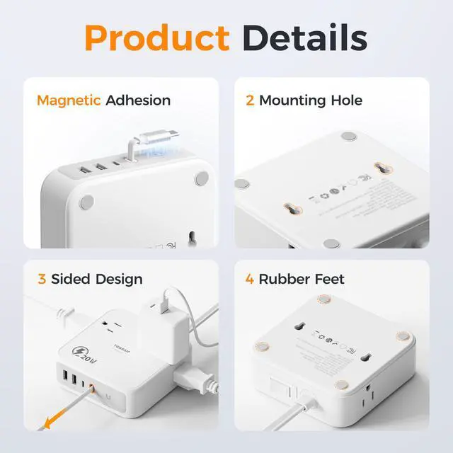 Alt view image 7 of 7 - Surge Protector Extension Cord 5Ft, Flat Plug Power Strip | 4 Outlets 4 USB Ports(1 USB C) 20W USB C Cable, USB Charger 1050 Joules Protection, Suitable for Home Office Dorm, Grey