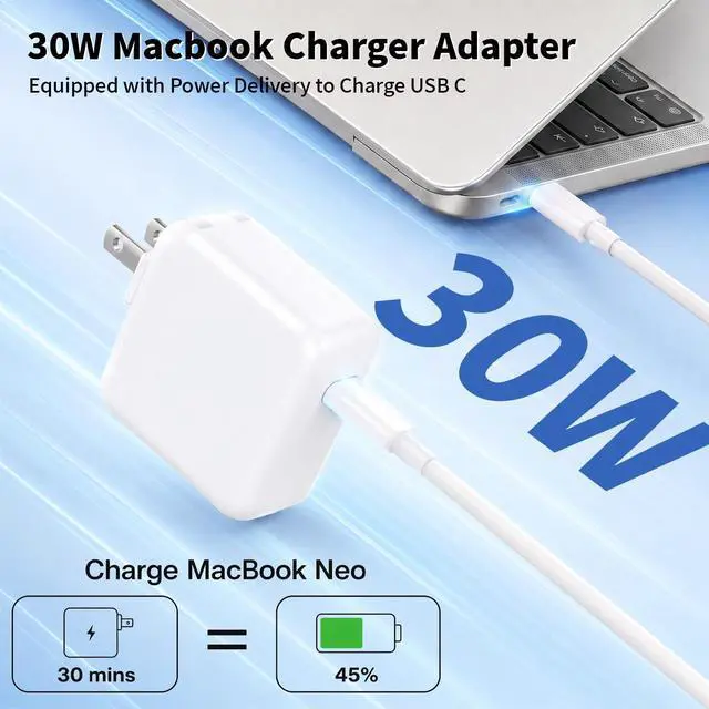Alt view image 2 of 7 - Mac Book Air Charger, 30W USB C Charger for MacBook Air 15 13 Inch M5 M4 M3 M2 M1, Fast Charging Block Plug USB C Power Adapter & 6FT USBC Cable for MacBook Neo, iPhone 17/16/15 Pro,iPad Pro/Air/Mini