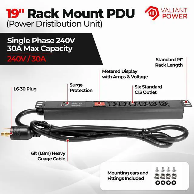 Alt view image 2 of 7 - Rack Mount Power Strip - 240V 30A Single Phase PDU with Built-in Surge Protector, Volt & Amp Meter for Data Center - 19 Metal Housing, Ears & Fittings Included, 6 Cable, 6 Outlets