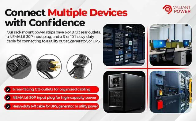 Alt view image 7 of 7 - Rack Mount Power Strip - 240V 30A Single Phase PDU with Built-in Surge Protector, Volt & Amp Meter for Data Center - 19 Metal Housing, Ears & Fittings Included, 6 Cable, 6 Outlets