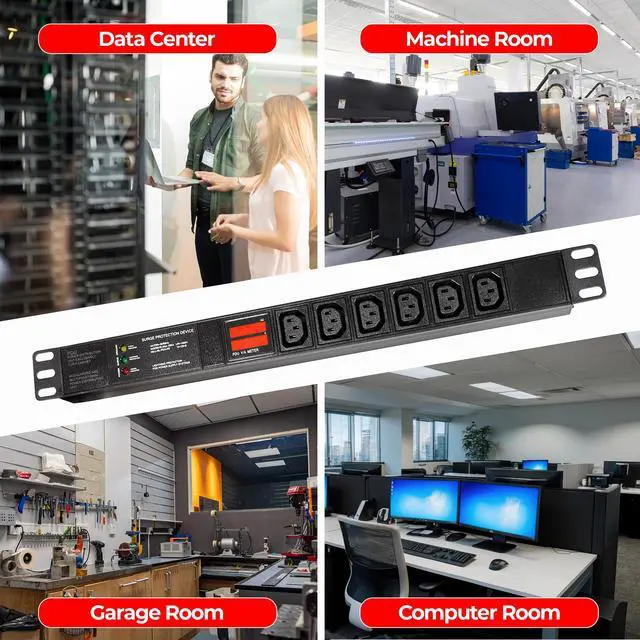 Alt view image 6 of 7 - Rack Mount Power Strip - 240V 30A Single Phase PDU with Built-in Surge Protector, Volt & Amp Meter for Data Center - 19 Metal Housing, Ears & Fittings Included, 6 Cable, 6 Outlets