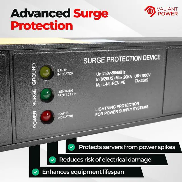 Alt view image 4 of 7 - Rack Mount Power Strip - 240V 30A Single Phase PDU with Built-in Surge Protector, Volt & Amp Meter for Data Center - 19 Metal Housing, Ears & Fittings Included, 6 Cable, 6 Outlets